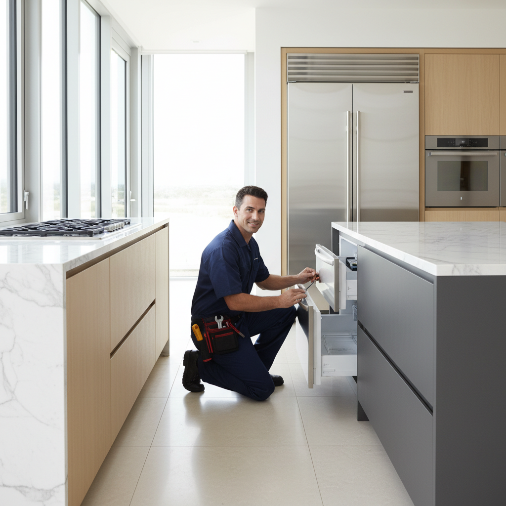 Professional appliance repair technician inspecting a built-in refrigerator